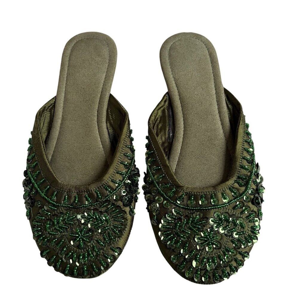 Capelli New York Beaded Flat Mules (Green) - Size 6